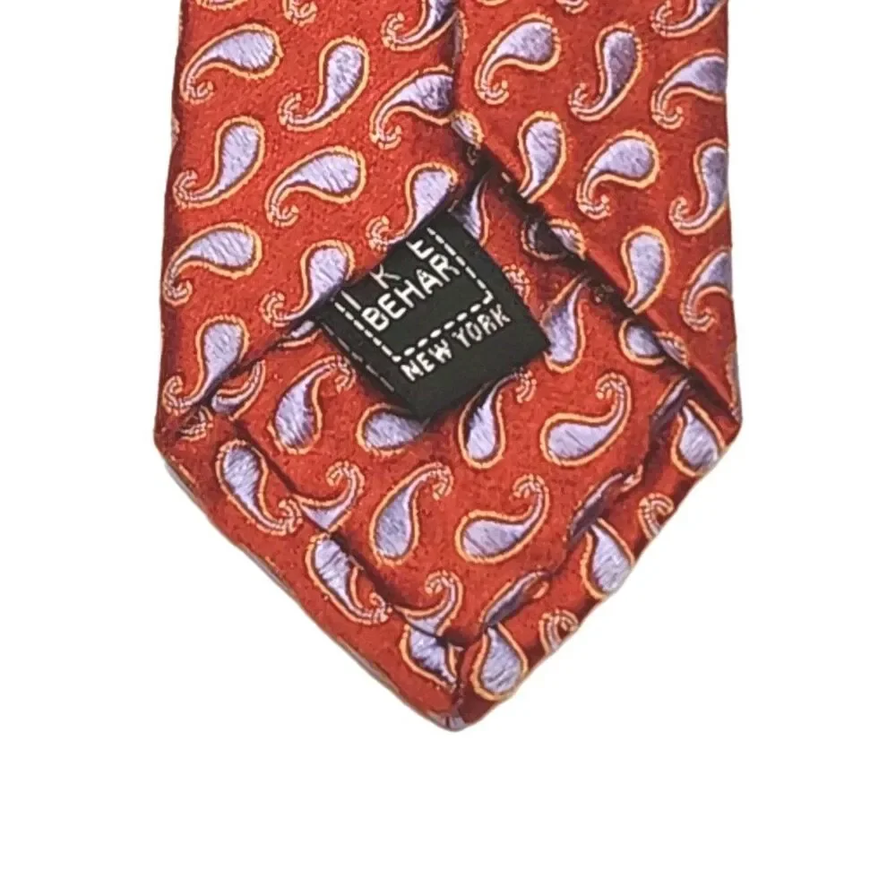 Ike Behar New York Tie Red Blue Paisley Men's 100% Silk Necktie Hand Tailored